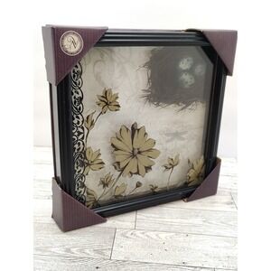 Dimensional Glass Plaque Bird Nest Flowers Black Frame Wall Art Decor NEW   (F8)